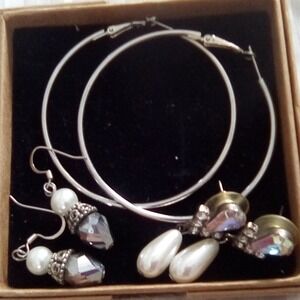 Lot 3 Pairs Silver Tone Earrings Hoop Faux Pearl Crystal Dangle Drop Set Womens